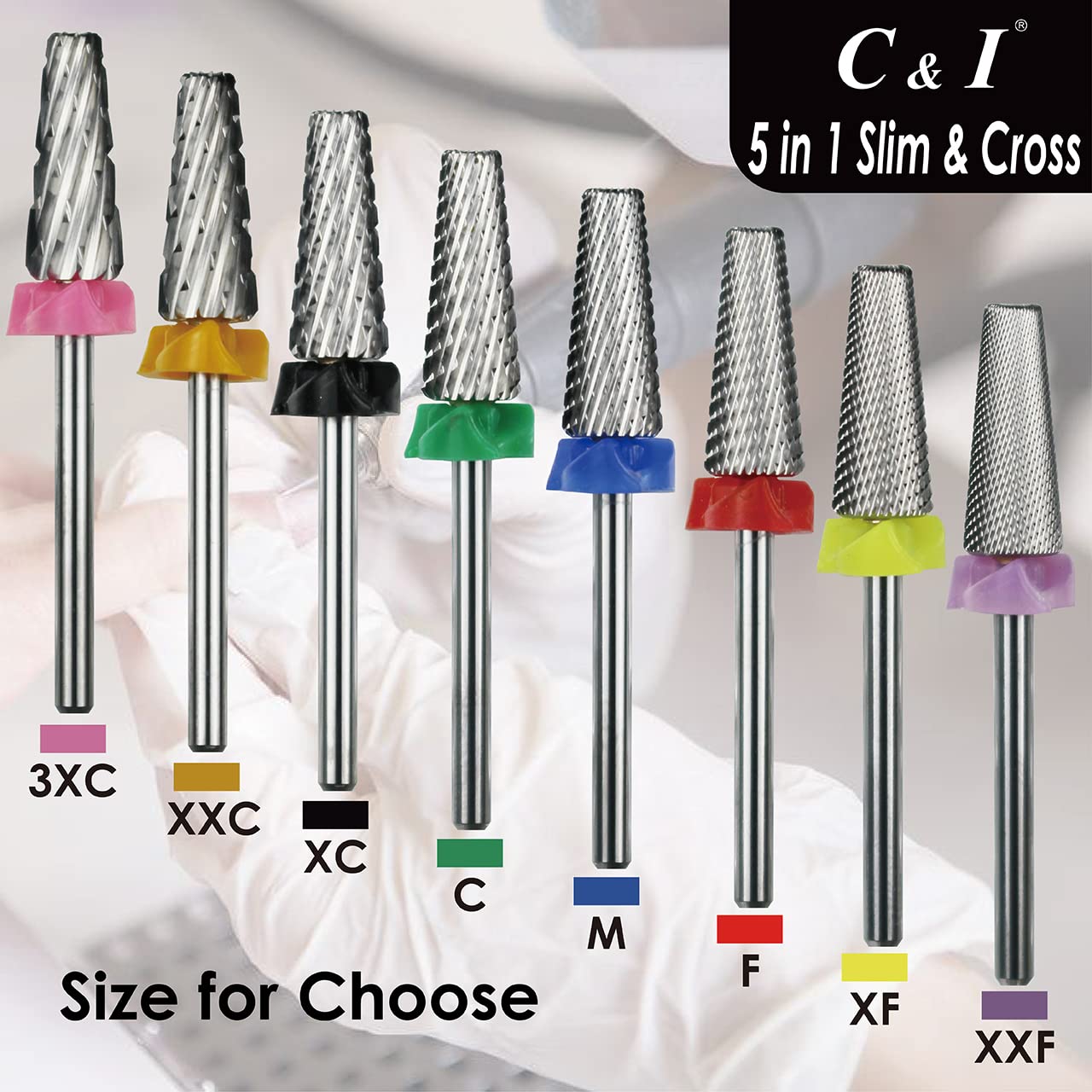 C & I 5 in 1 Nail Drill Bit, Cross & Slim Edition, Professional Nail Drills for Electric Manicure Drill Machine (Triple Coarse -