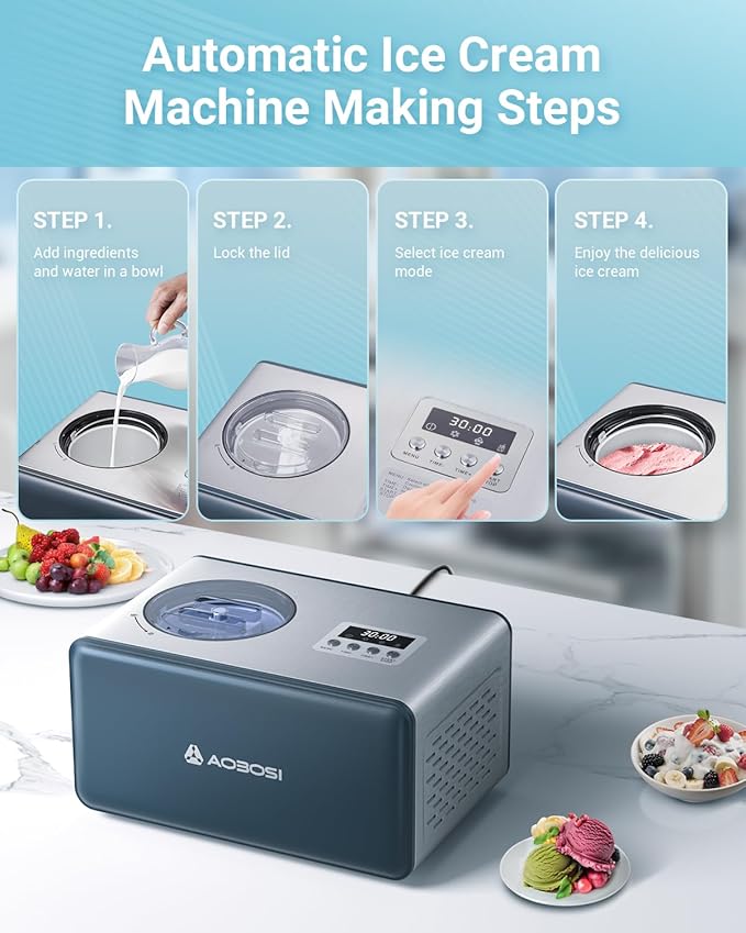 AAOBOSI Electric Ice Cream Maker with Compressor, Ice Cream Maker Machine No Pre Freezing, Ice Cream Machines for Home, Small Homemade Gelato Maker with 4 Modes, 1.6 Quart