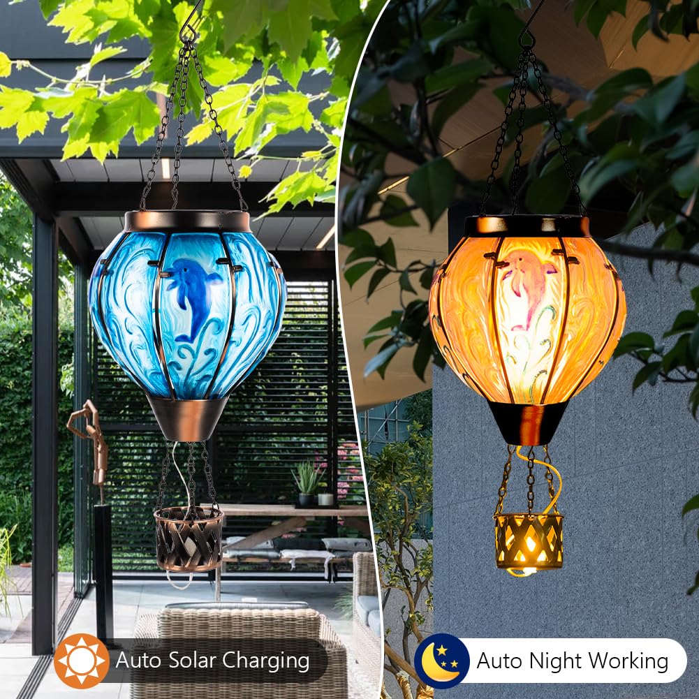 Yelenew Blue Dolphin Hot Air Balloon Solar Lantern With Flame Flickering Light Led Glass Hanging Solar Lanterns Outdoor Waterproof Hot Air Balloon Decor For Patio Yard Garden Mother Day Gift For Women