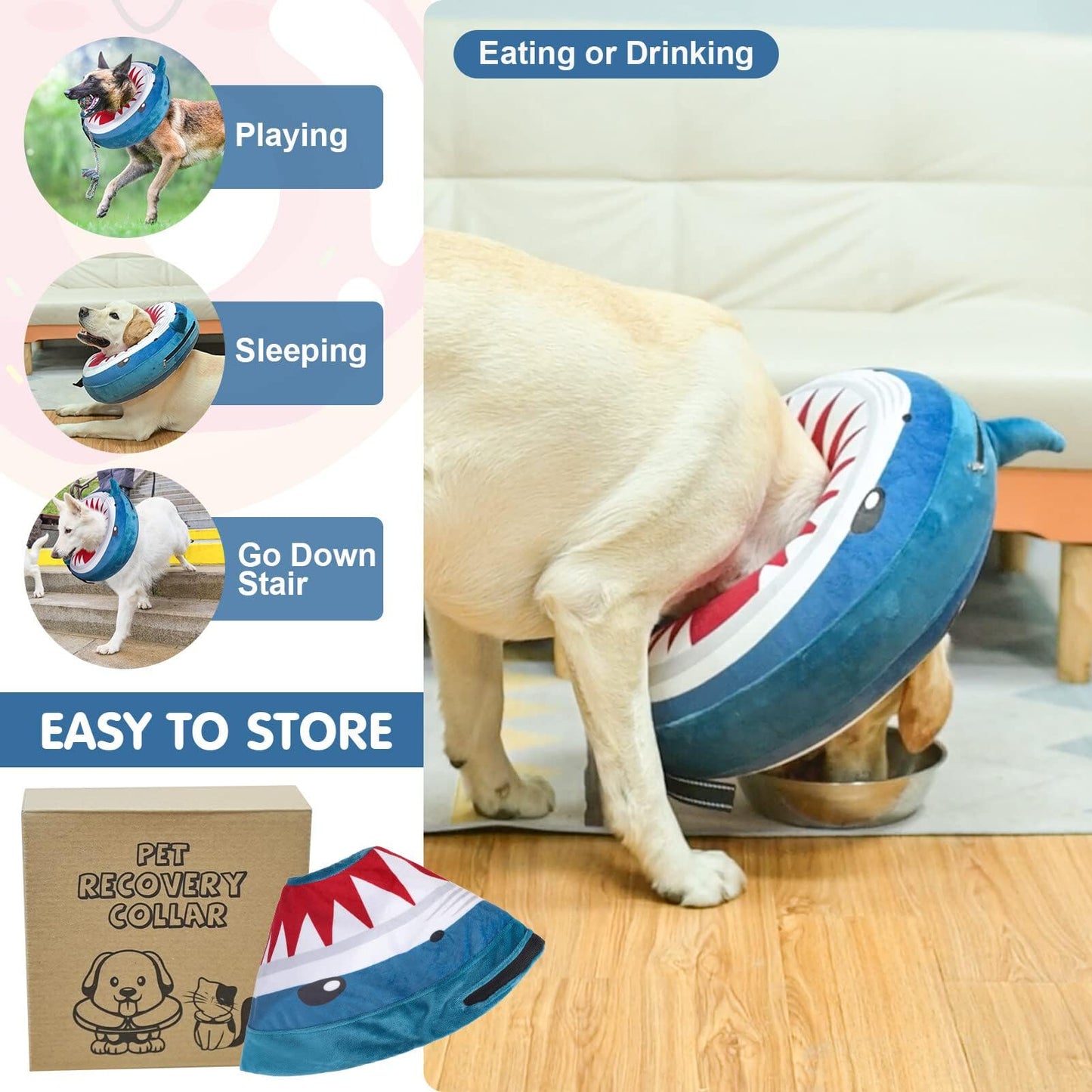 BEAUTYZOO Dog Cone Alternative After Surgery for Large Medium Small Dogs, Soft Inflatable Cone Collar for Dogs Cats, Pet Neck Donut E Collar Dog Recovery Collars to Stop Licking, Shark Blue, L