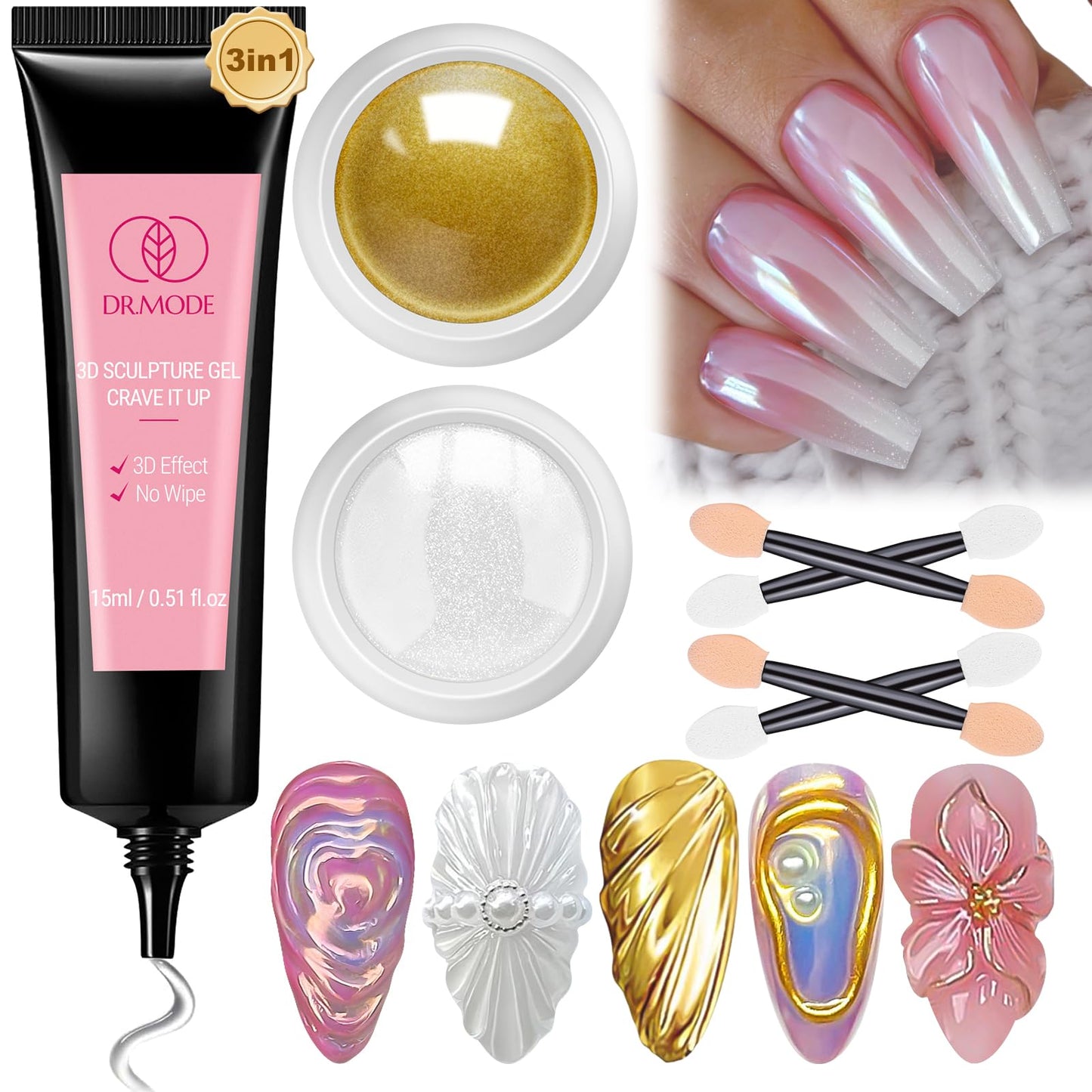 3D Nail Gel Art and Gold White Pearl Chrome Nail Powder Kit, 3 in 1 No Wipe Clear 3D Sculpting Gel for Nail Art, 15g Semi Solid