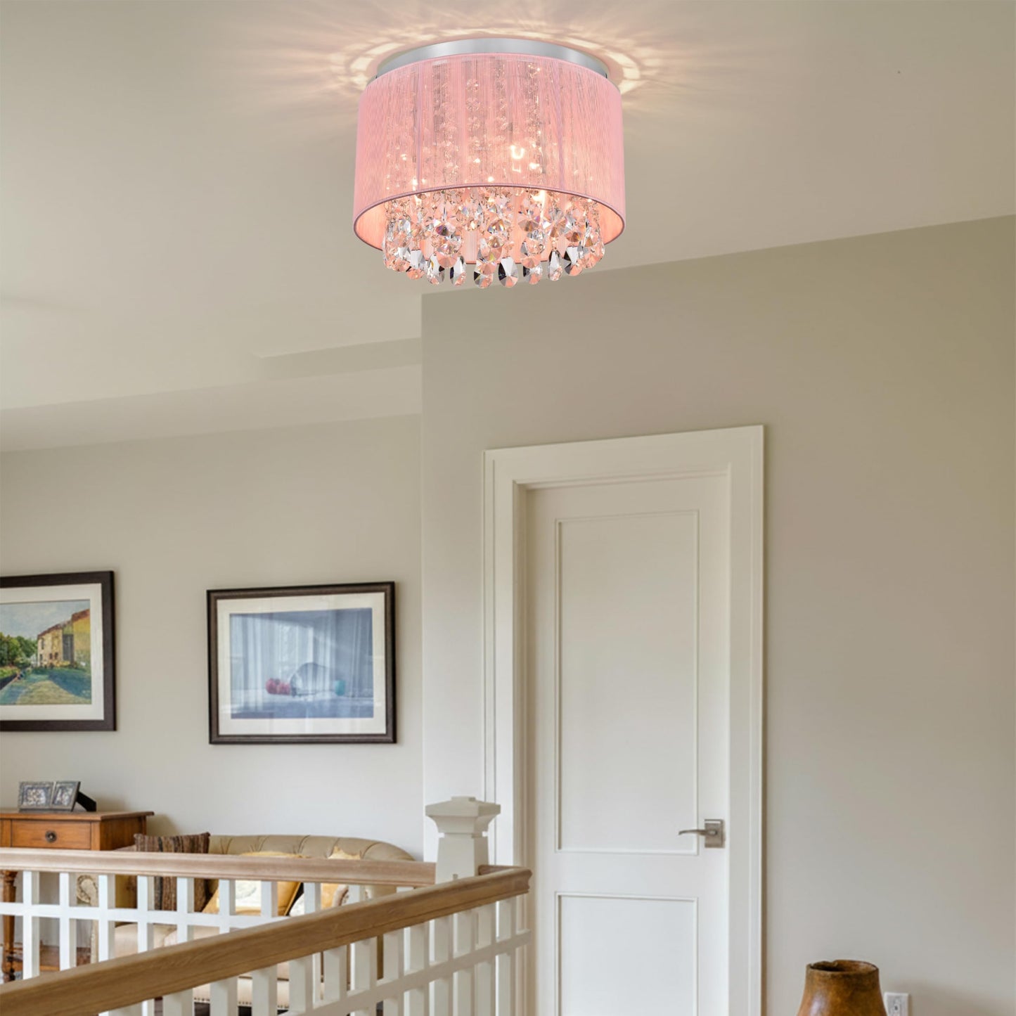 Lalula Pink Chandelier Drum Flush Mount Light Fixture - 3-Light 11 Round Crystal Ceiling Light For Girls Bedroom