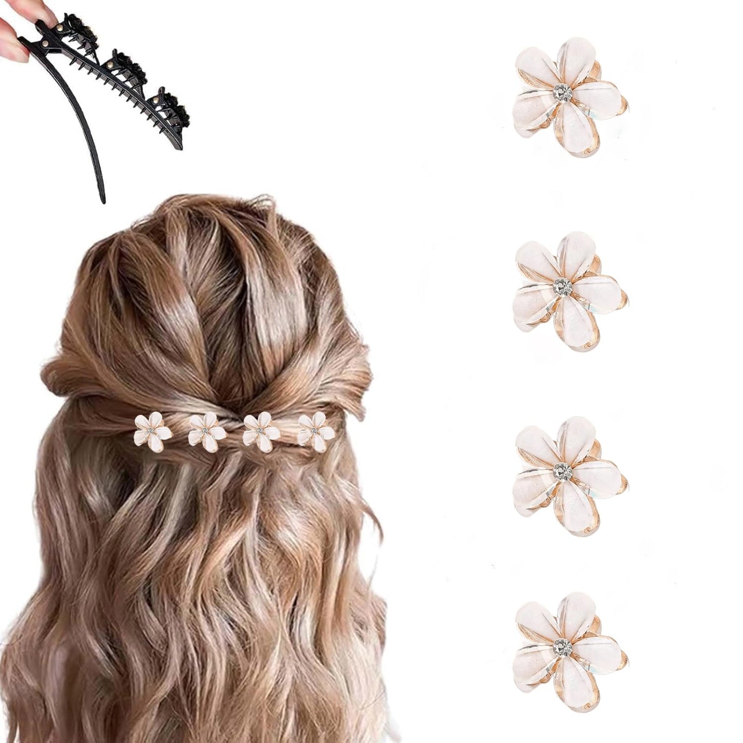 PreciRise 4 Pcs Small Mini Pearl Claw Clips with Flower Design, Sweet Artificial Bangs Clips Decorative Hair Accessories for Wom