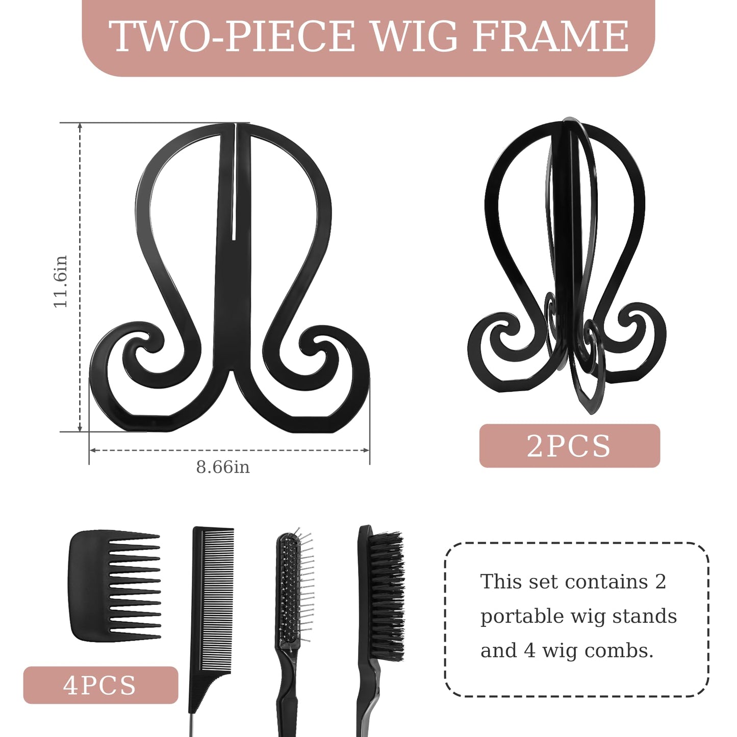 2 Pack Wig Head Stand Portable Collapsible Wig Holder With 4PCS Wig Brush Comb,Travel Wig Holder Comb Set for Women Multiple Wig