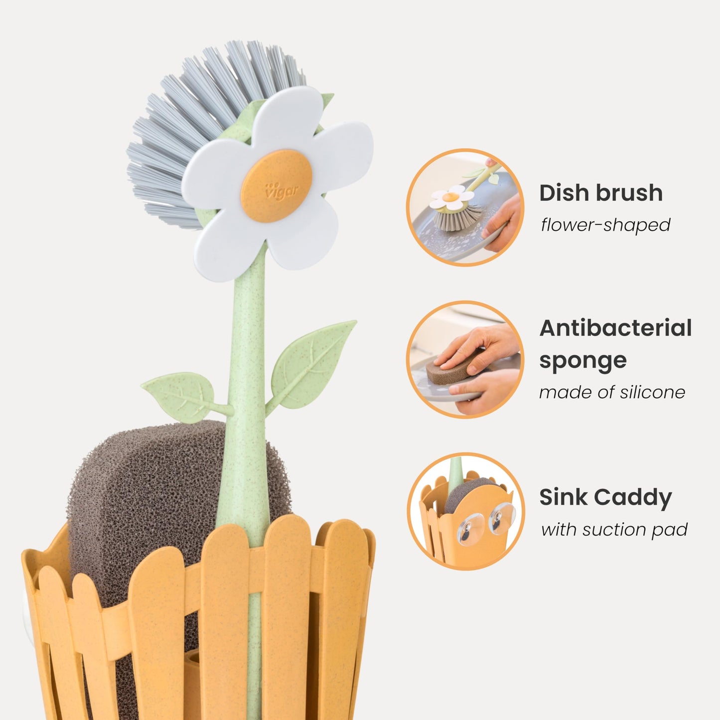 Vigar Florganic 3-in-1 Kitchen Sink Caddy Set, Flower-Shaped Dish Brush, Sponge, Fence-Shaped Holder and Suction Cup, Ideal Sink Organizer, Orange