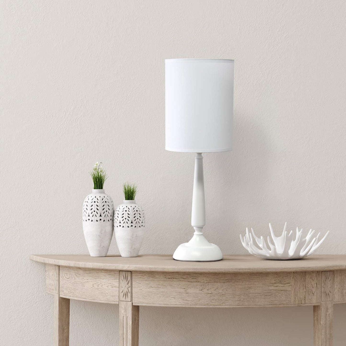 Simple Designs Table Lamp, Traditional Candlestick Style, Metal Iron, White Drum Shade, 8inL x 8inW x 22.75inH, Model LT2075-WHT