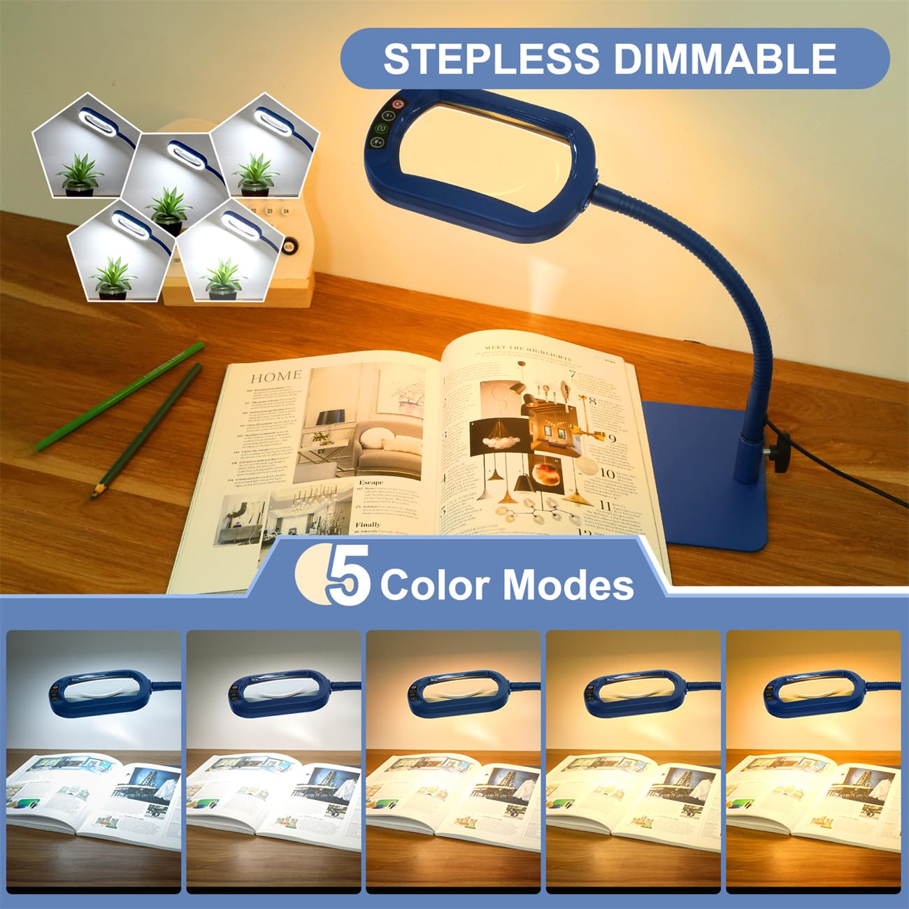 Veemagni 10X Rectangle Magnifying Glass with Light, Metal, Blue, Model GE602, Flexible Gooseneck LED Desk Lamp, 5 Color Modes