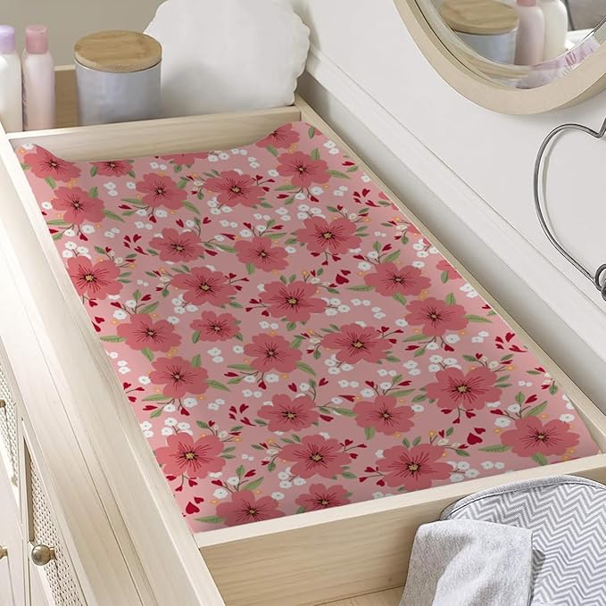 Love Blooms Baby Changing Pad Covers for Boy Girl 32''x16'' Red Heart Blossoms Fitted Diaper Change Table Sheets Spring Floral Flowers Soft Breathable Nursery Baby Changing Table Mats
