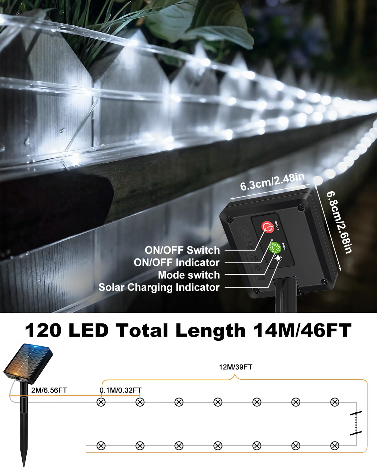 Btfarm Solar Rope Lights Outdoor  120Led 46Ft Solar String Lights Outside Waterproof  8 Lighting Modes Tree Tube Fairy Light Solar Powered For Garden Christmas Yard Party Decorations  Cool White