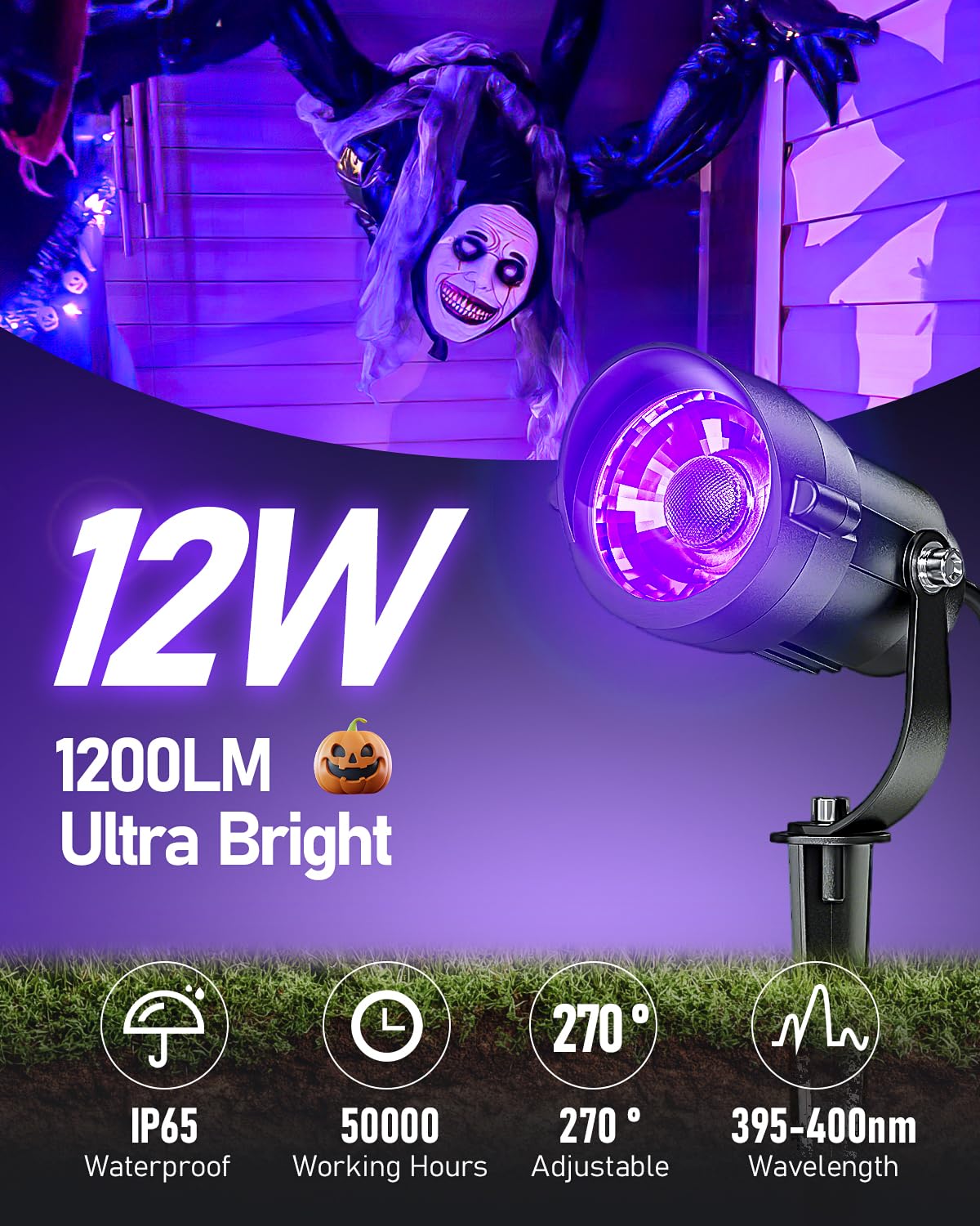 Hiboitec Halloween Black Light Spotlight Outdoor 12W Ip65 Waterproof Led Spot Lights Landscape Lighting With Us Plug For Glow Party Body discomfort-reducingt Yard Garden Decorations 4Packs