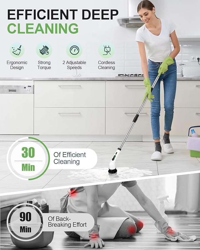 Electric Spin Scrubber, Cordless Cleaning Brush, Shower Scrubber with 9 Floor Machine Pads, 2H Power Dual Speed, Adjustable Extension Handle, IPX7 Waterproof for Floor Carpet Tub Tile Car, O-White.