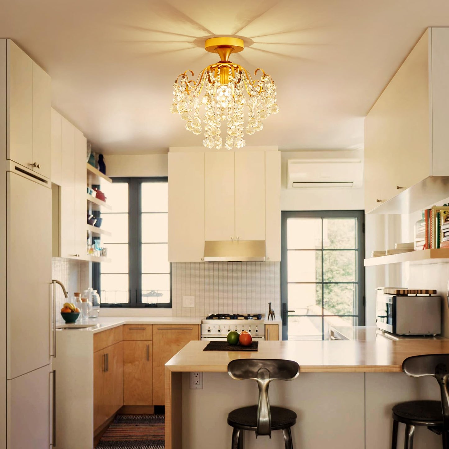 Wuzups Crystal Chandelier Flushmount Ceiling Light Modern Lighting Fixture For Bedroom Hallway Bar Kitchen Bathroom  H 13.4 X W 12.6  E26 Base  Gold