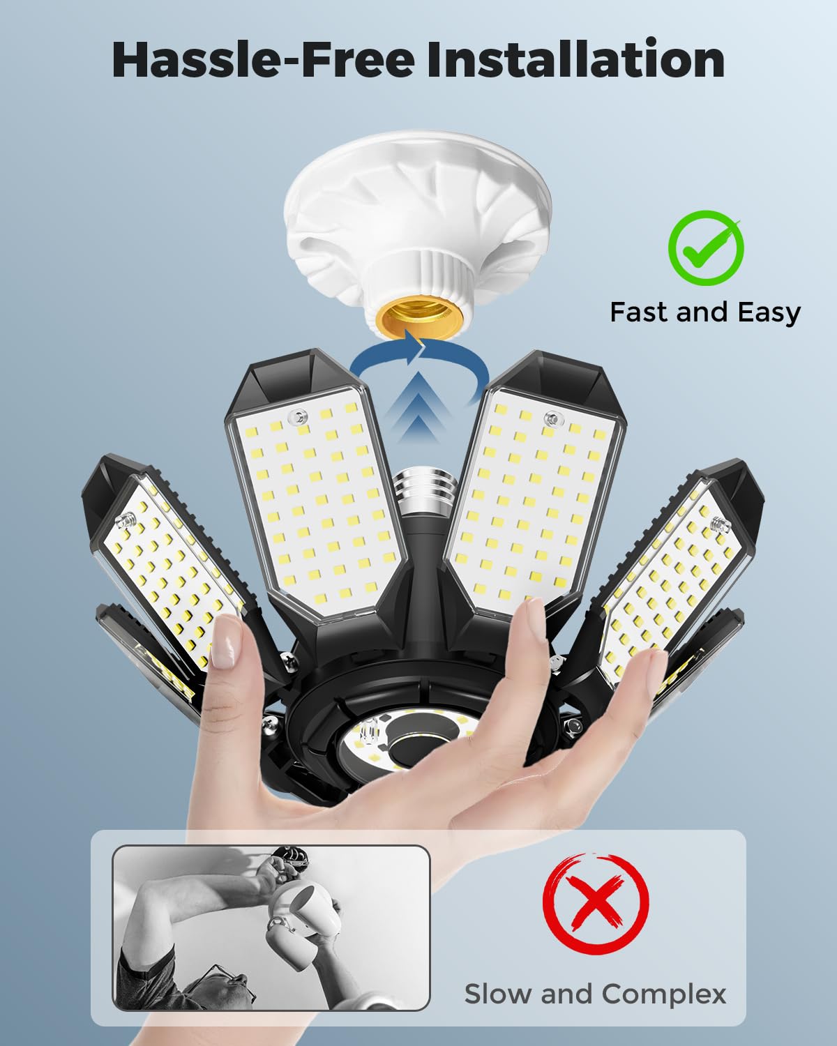 Adiding Led Garage Ceiling Lights 56000Lm 4 Pack W/ 8 Adjustable Panels  Super Bright Deformable Basement Lighting Fixture Screw In E26 Bulb Socket For Indoor Workshop  Attic  Storage  Bay  Home Gym