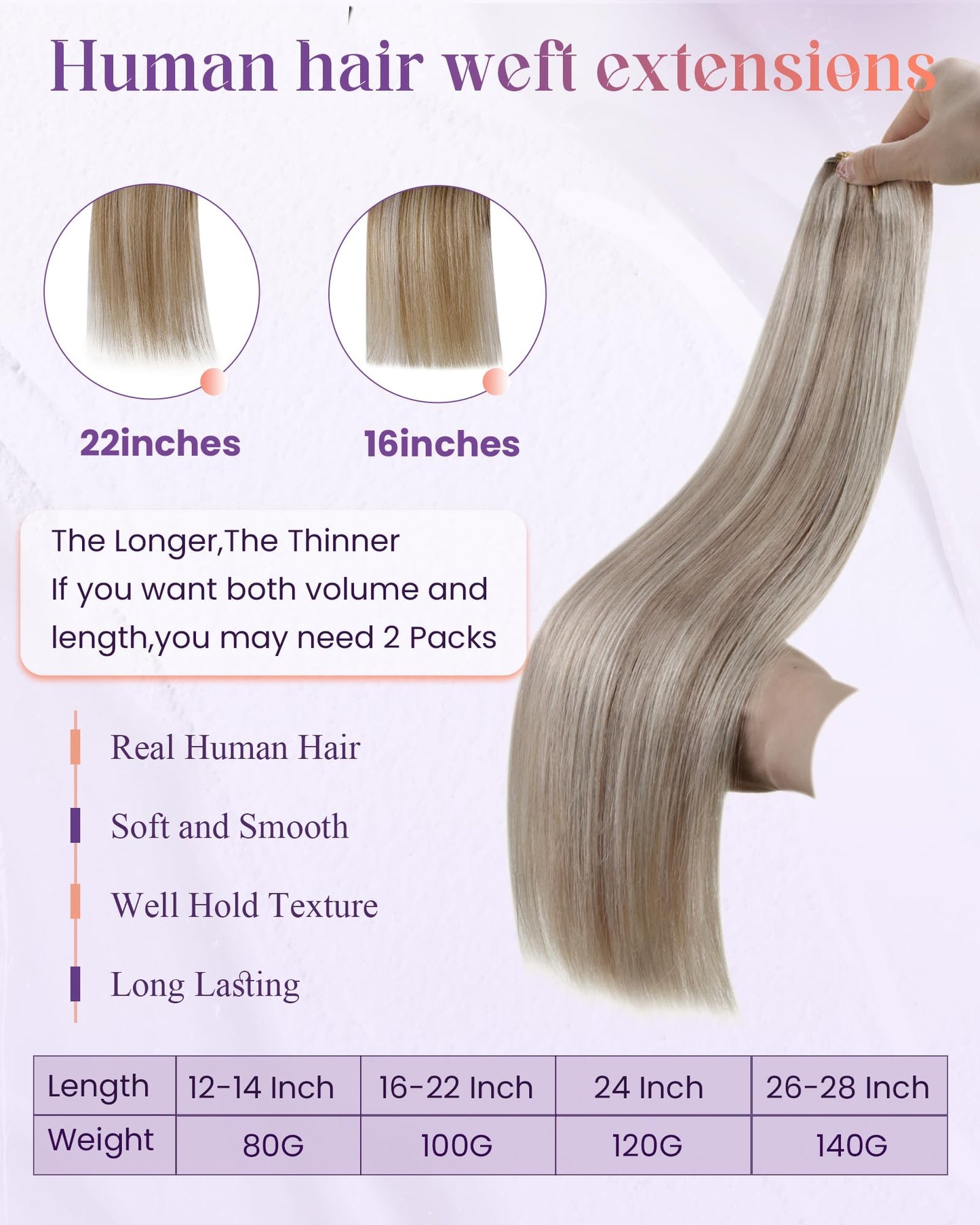 LaaVoo Weft Hair Extensions Human Hair Double Weft Sew in Hair Extensions Real Human Hair Blonde Highlights Hair Extensions Sew