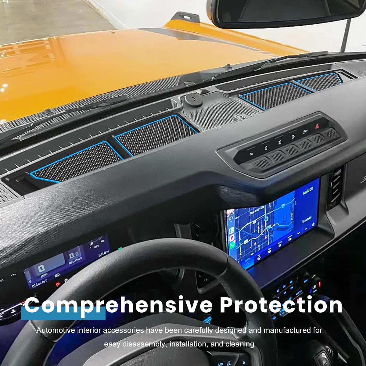 auovo Dash Cover Tray Fit for Ford Bronco Accessories 2026 2025 2021 2022 2023 2024 Anti-Slip Silicone Dashboard Compartments Mat fit Bronco 2/4-Door Interior Dash Pad Liners 2-pc Set (Blue Trim)