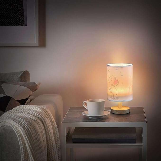 Table Lamp Cute Elephant Baby Play Autumn Leaves Rain Cloud Cartoon Animal Nightstand Lamp with Wood Base Fabric Lamp Shade Bedside Desk Lamp for Living Room Bedroom Kids Room Office