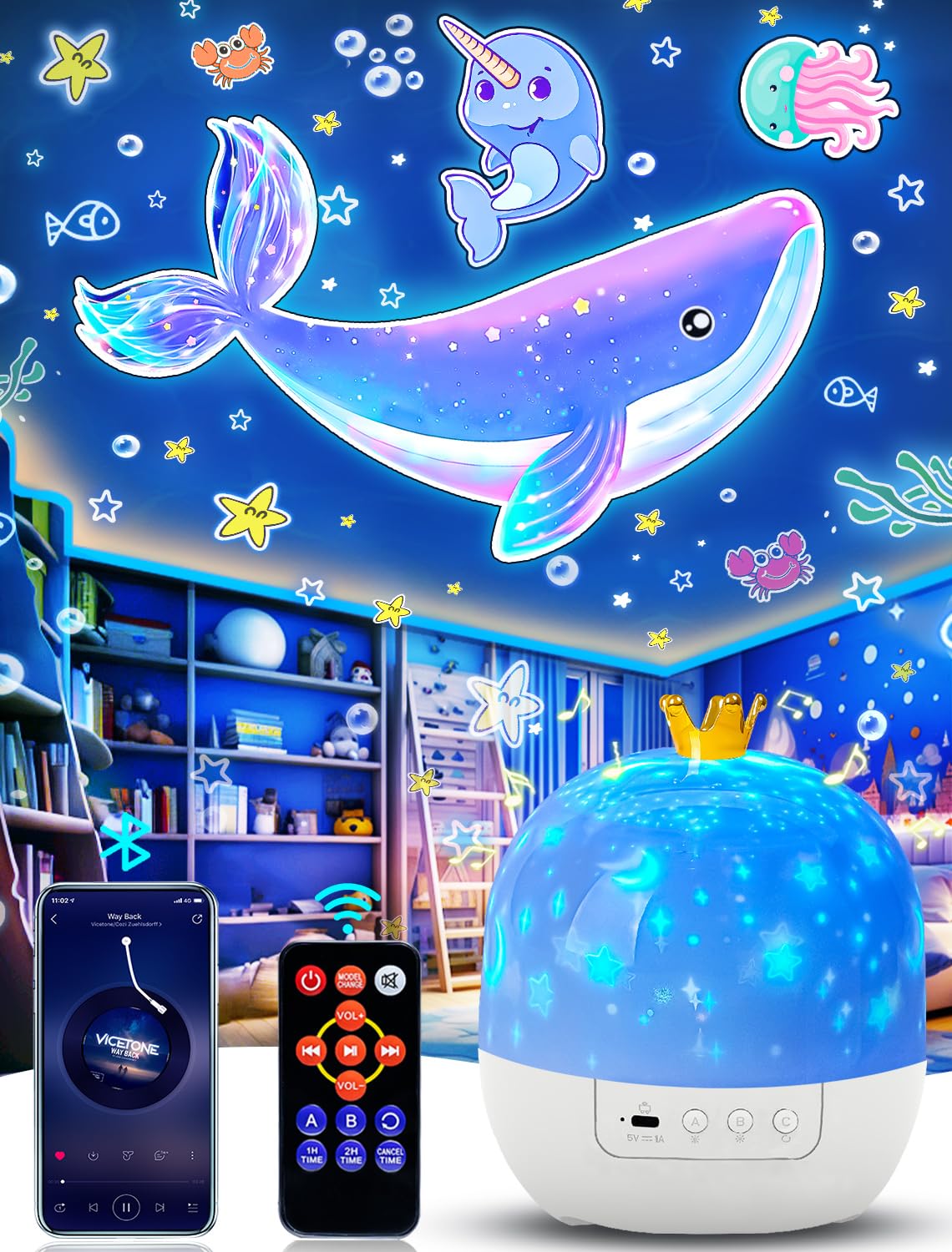 Eigther Night Light Projector with Bluetooth Speaker, Remote, Rechargeable, Small, White, Model EI-HGBT, 21 Film Sets