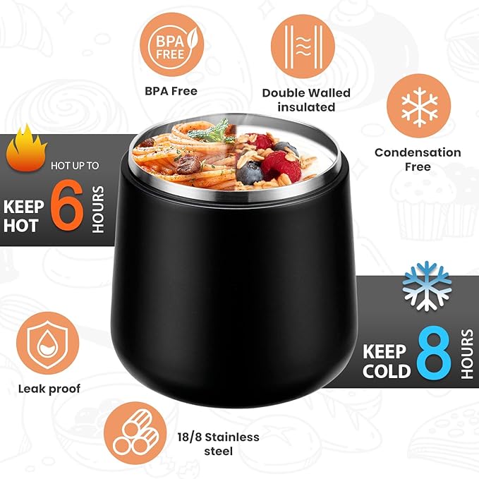 Kids Thermo for Hot Food 20oz Lunch Containers with Buckle Lid Wide Mouth Hot Food Jar Vacuum Insulated Stainless Steel Bento Box Leakproof with Spoon(Black)