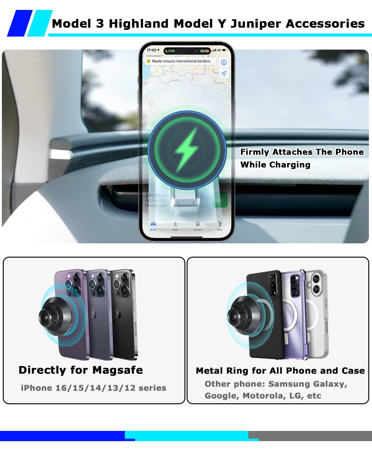 Phone Mount Holder For Tesla Model 3 Highland Model Y Juniper 2025 With 15W Wireless Charging, Tesla Phone Charger For Magsafe,