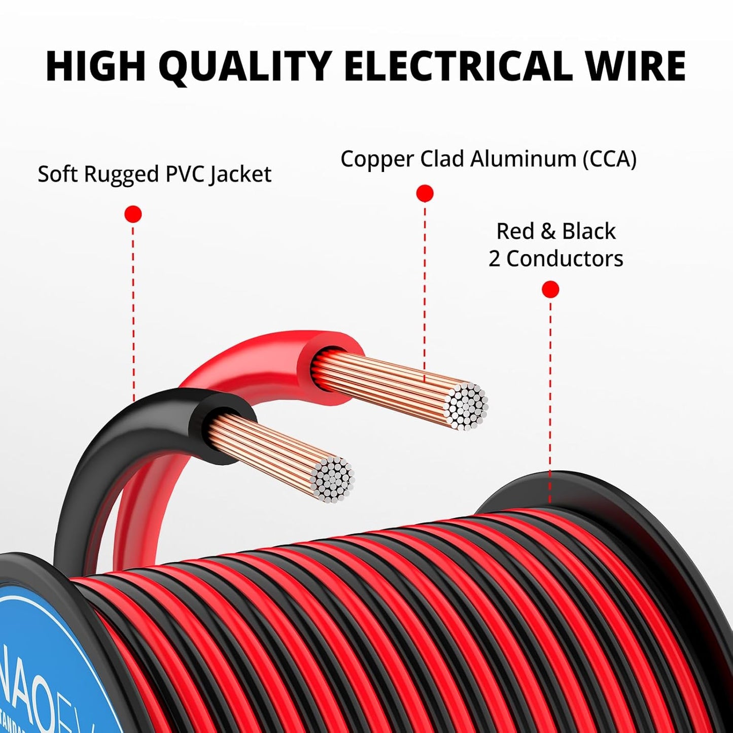 NAOEVO 16 Gauge Wire 100FT, 2 Conductors Electrical Wire Red Black Cable, Flexible/Low Voltage/PVC 16 AWG Copper Clad Aluminum Extension Cord for Speaker, LED Strips, Automotive 12V/24V DC