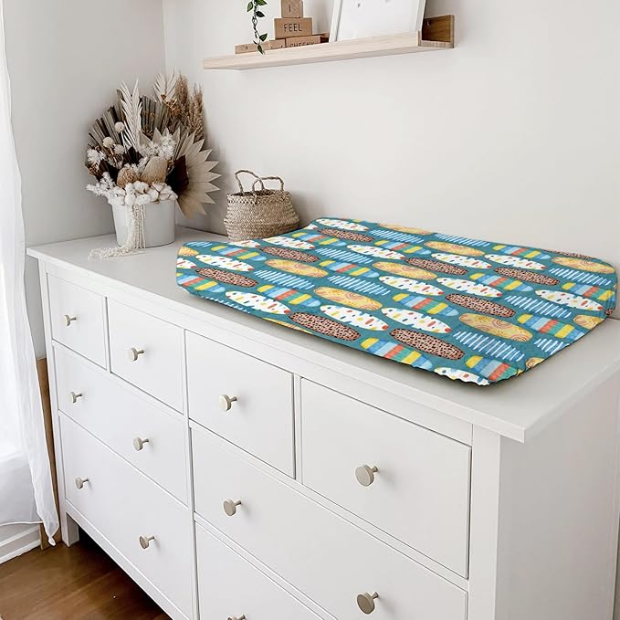 Boho Surfboard Baby Changing Pad Cover Sheets for Baby Boy Girl 32''x16'' Beach Surfing Unisex Fitted Diaper Changing Table Sheets Colorful Surfboard Comfort Soft Breathable Baby Changing Table Mats