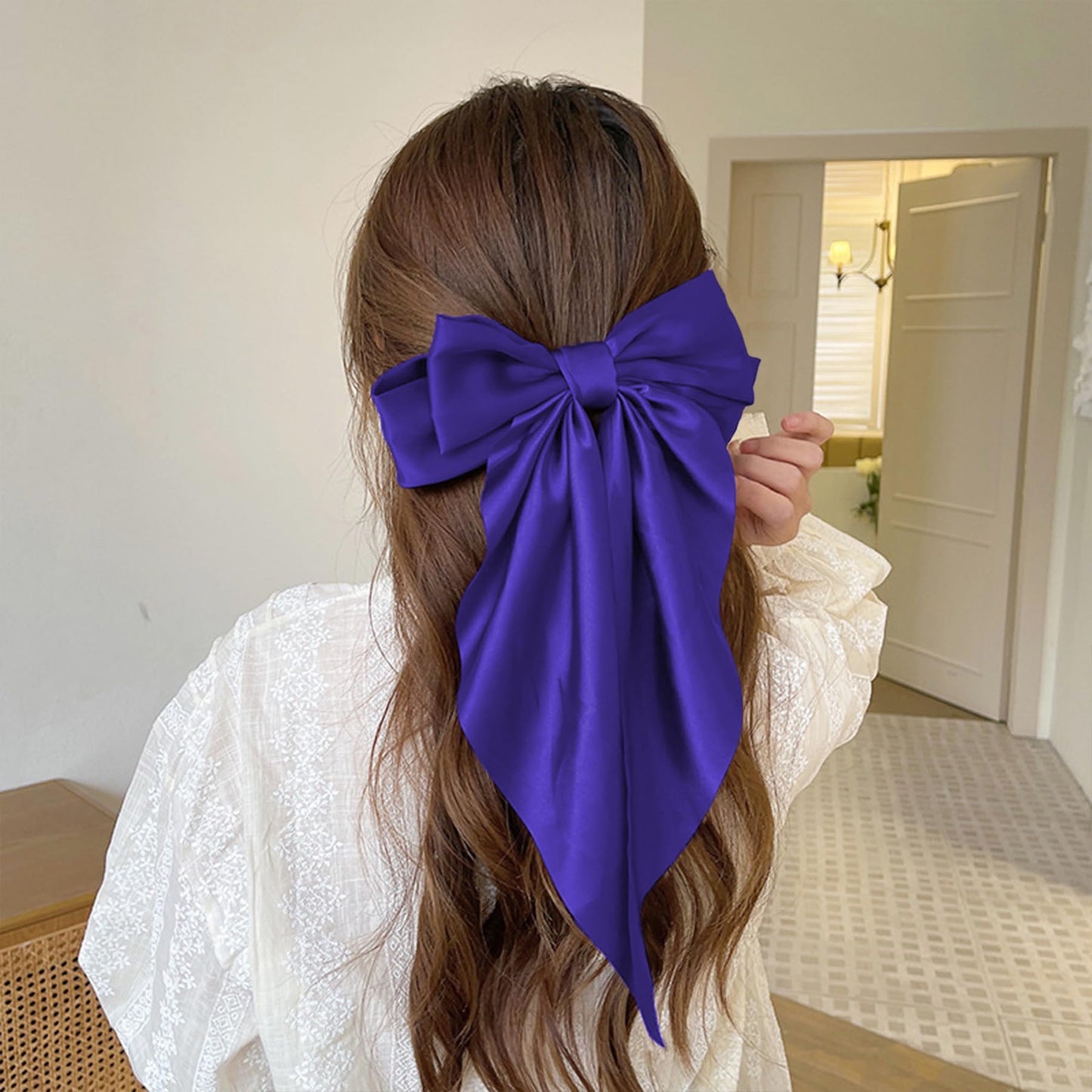 Hair Bows for Women Girls - Silky Satin Bow Hair Clip with Long Tail Ribbons - Halloween Hair Accessories (Purple,1Pcs)