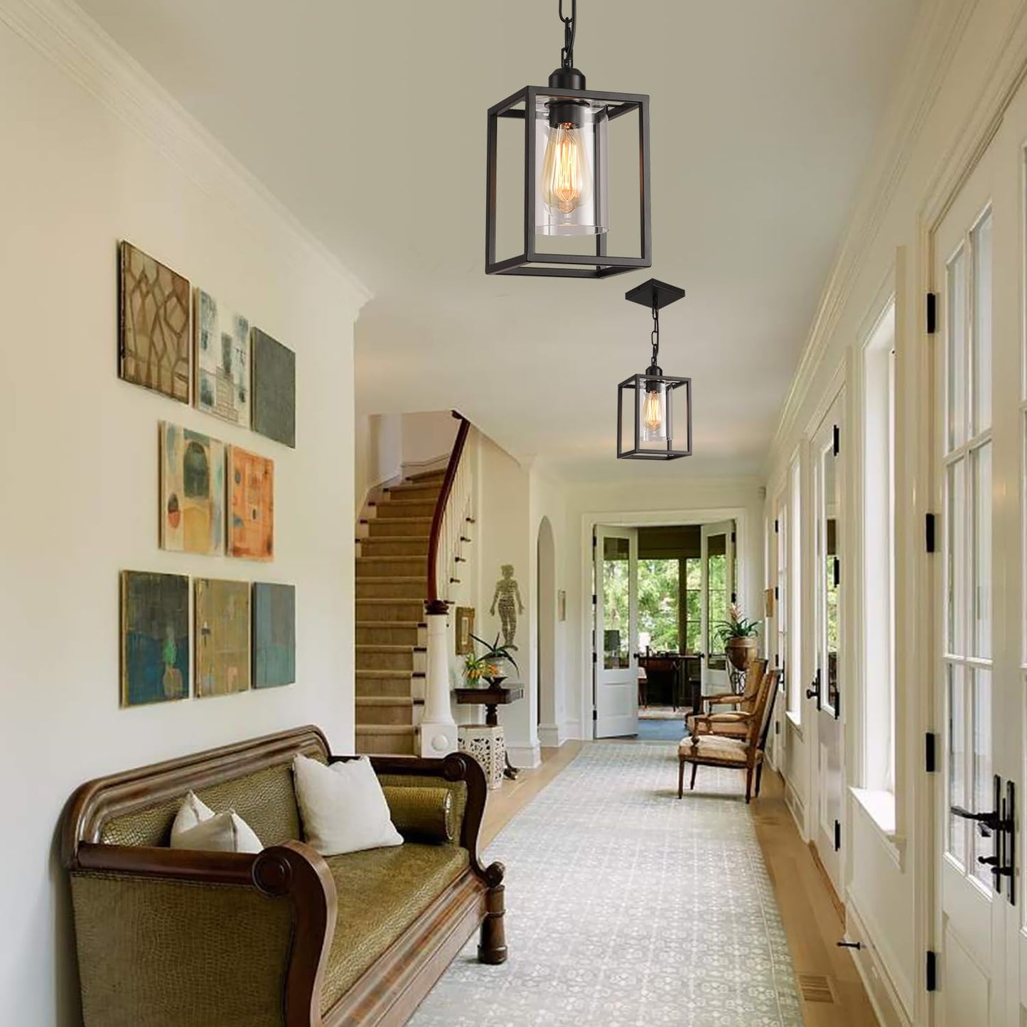 3 Pack Farmhouse Pendant Light Black Metal Frame Hanging Light Fixture With Clear Glass Shade  Adjustable Chains Industrial Mini Pendant Lighting For Kitchen Island Entryway Porch Foyer