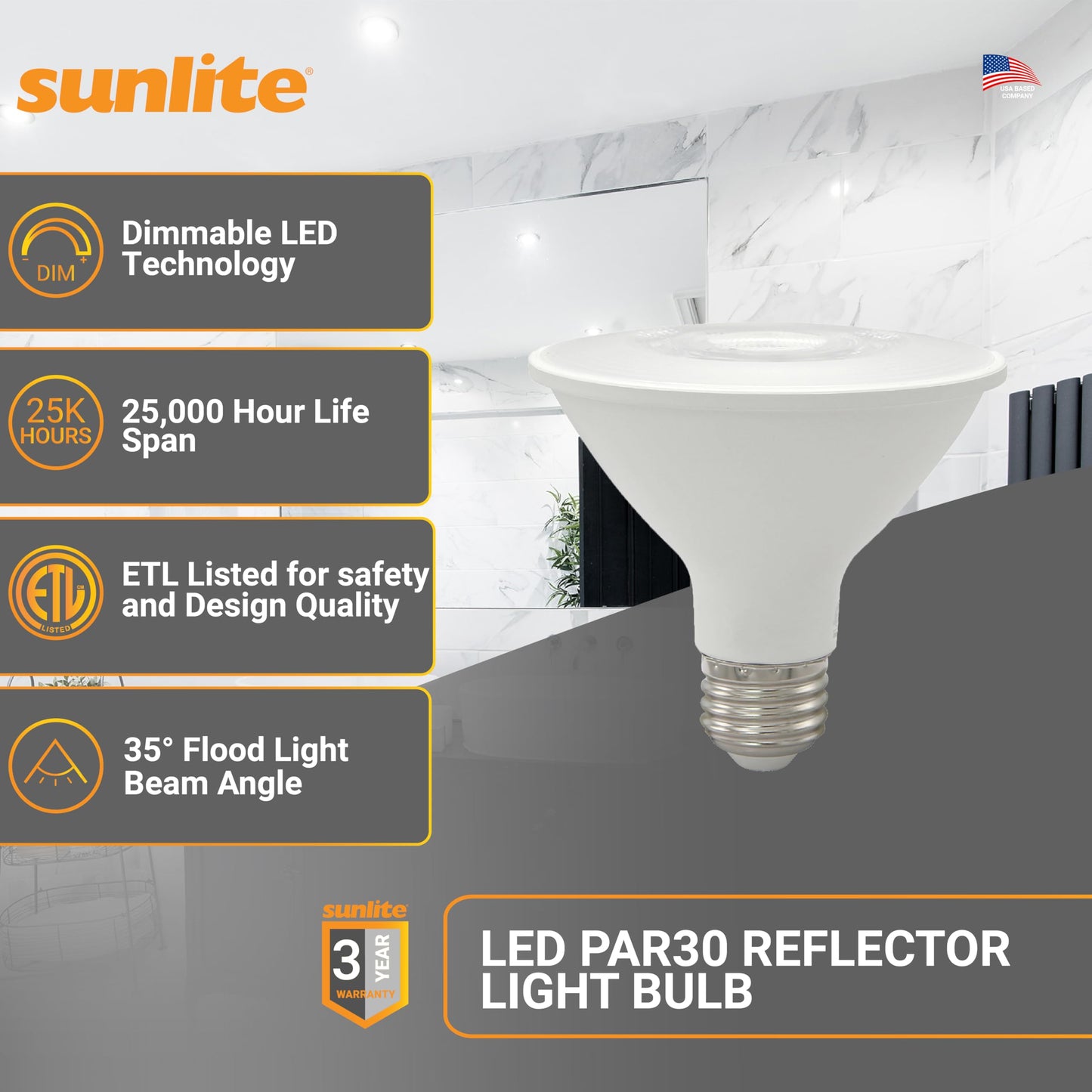 Sunlite Reflector Par30 Led Bulb  Spotlight  9W (75W=)  750 Lmns  Medium E26 Base  90 Cri  Dimmable  Decorative Track Lighting Use  Etl  Title-20 Compliant  Bulk  24 Pack  40K-Cool White