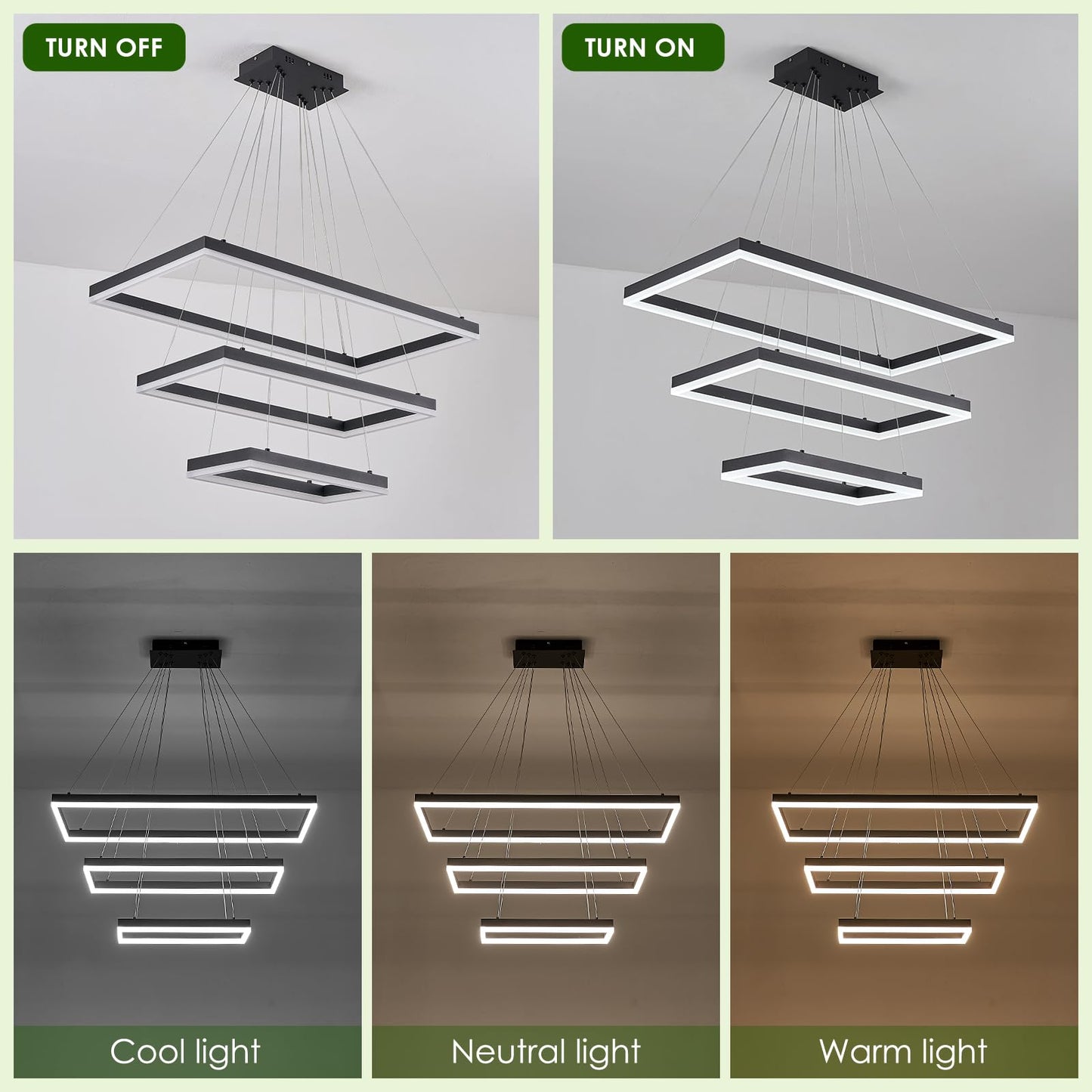 Benkut LED Chandelier, 31.5in Rectangle, Dimmable with Remote, 3 Tier Flush Mount, Black, Aluminum, for High Ceilings, Dining Room, Living Room
