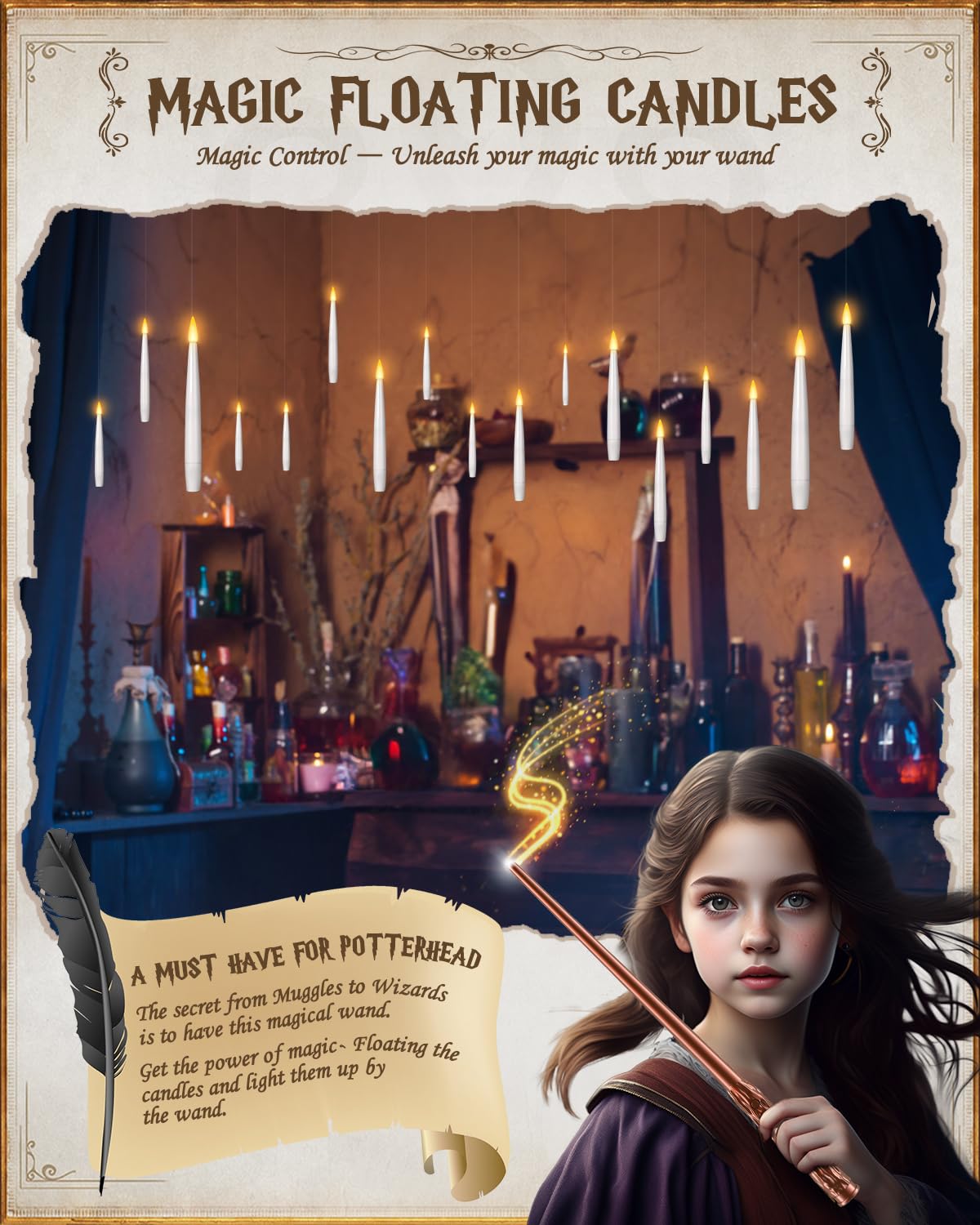 TLPUHU 24 Pack Floating Candles with Wand Remote -Christmas Hanging Candle,Magic Flameless Taper Candles Floating Lights Gifts for Halloween Decorations Wedding Birthday Party Decor