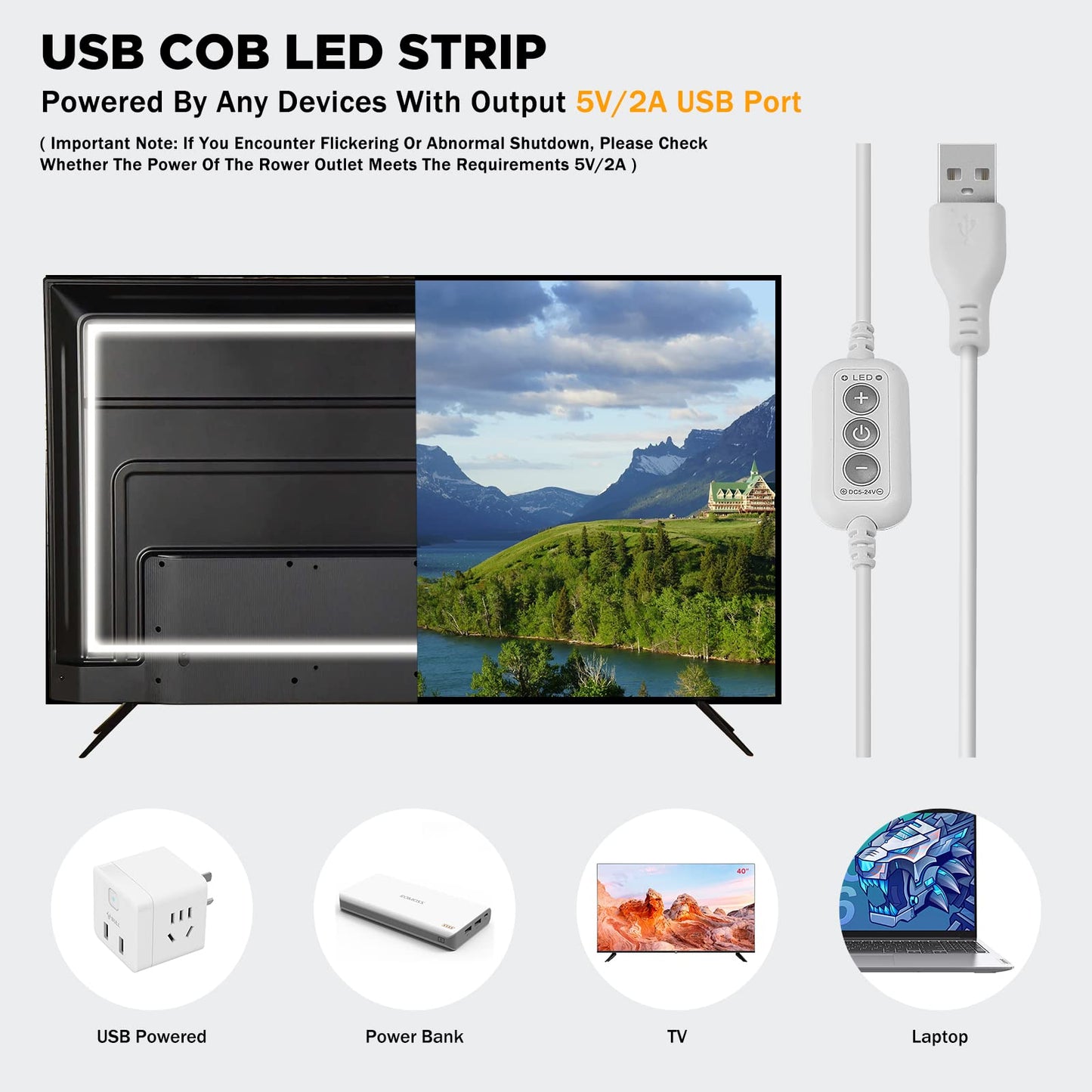 Qige Usb Cob Led Strip Lights, 4.92Ft, 480 Leds, Dimmable, 5000K Daylight White, Flexible Under Cabinet Tape Light For Home Diy