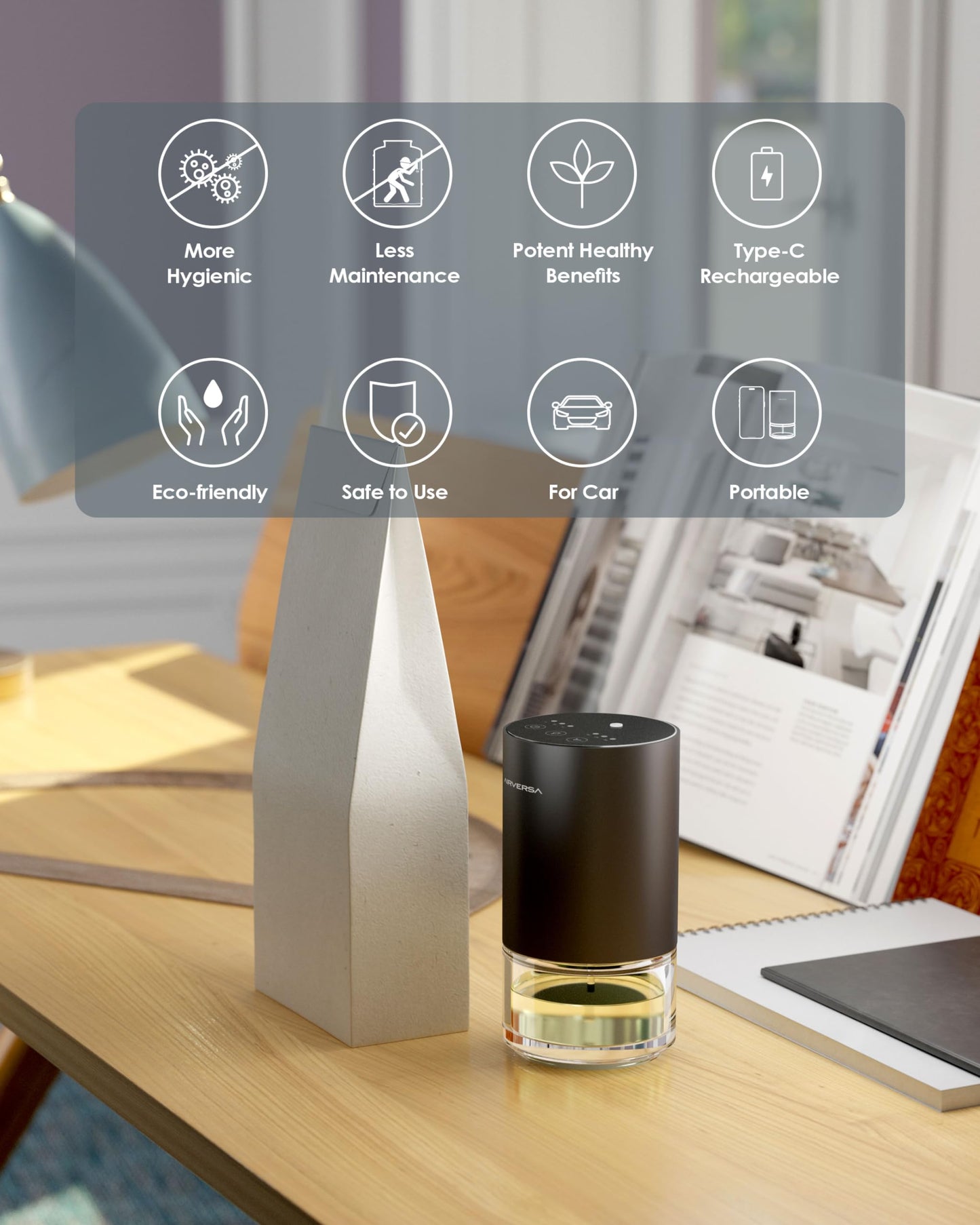 Airversa Essential Oil Diffuser Waterless Aromatherapy Diffusers for Home Large Room, Bedroom, Car, Office, Desk, Battery Operated, Small Diffuser for Pure Scent, 100mL Capacity, AN9 (Black)