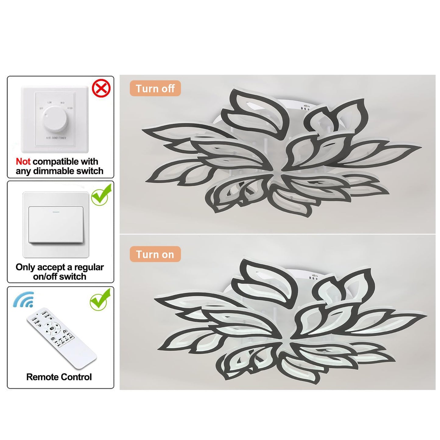 Garwarm Modern Ceiling Light  Dimmable Led Flower Flush Mount Ceiling Lamp  90W Acrylic Petals Ceiling Chandelier Lighting Fixture With Remote Control For Living Room Bedroom Dining Room (Black)