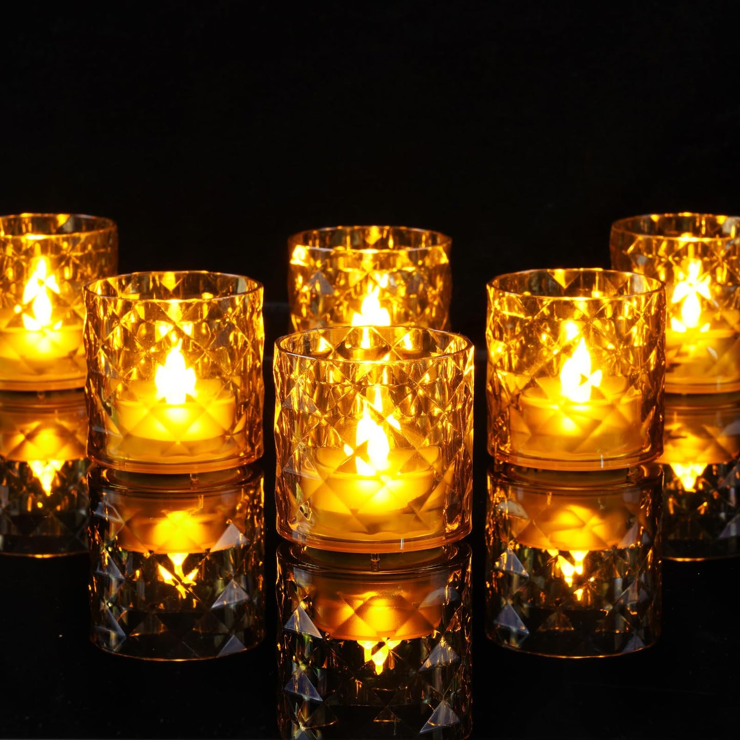 Homemory 2" x 2" Acrylic Votive Candle Holders with Auto Timer Flameless Led Tealight, Battery Powered Fake Electric Candles for Wedding Centerpiece, Table, Christmas Decor (12Pack, Gold Base)