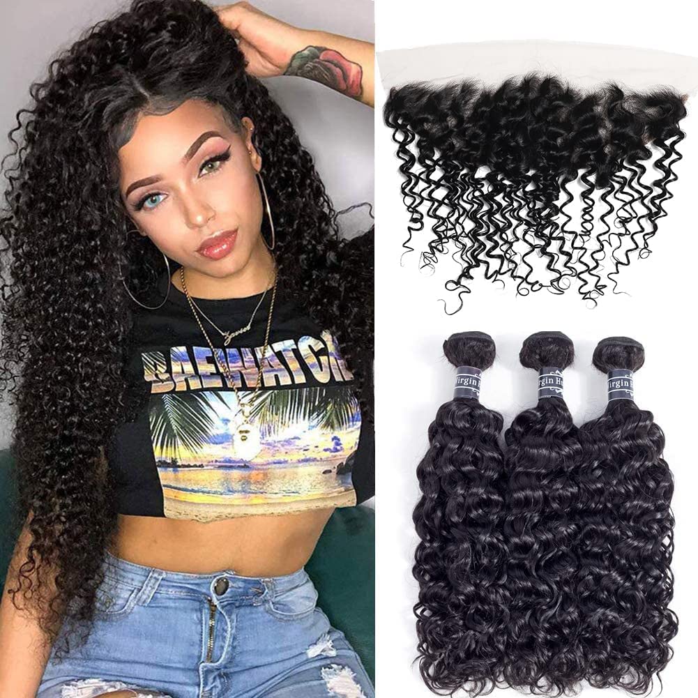 Amella Hair 8A Brazilian Virgin Curly Hair 3 Bundles with Lace Frontal non Baby Hair 100% Unprocessed Human Hair Weave with Free