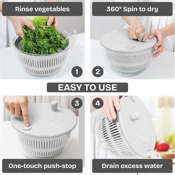 Salad Spinner – Large Capacity Lettuce Spinner Bowl with Locking Lid, Non‑Slip Base & Vegetable/Fruit Washer Dryer, BPA‑Free, Dishwasher Safe (White)