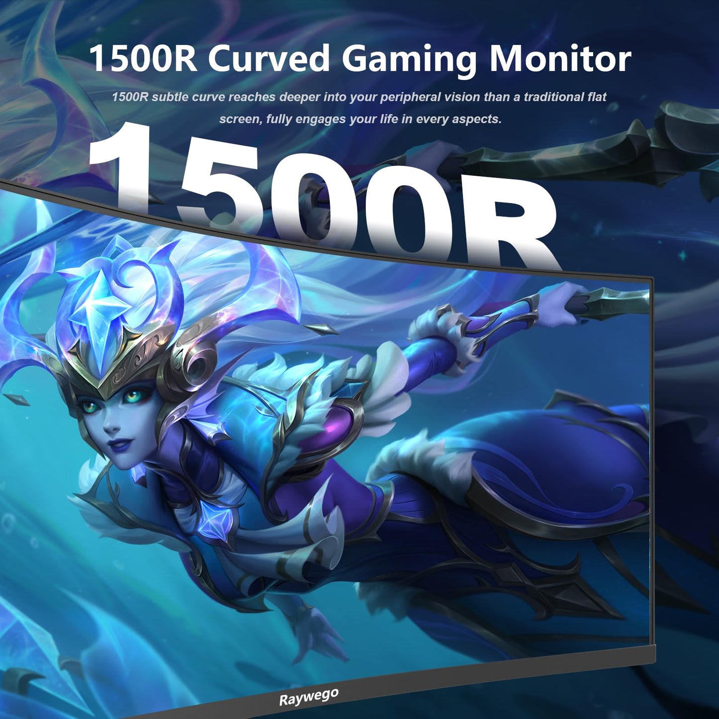 Raywego 34 inch Ultrawide Curved Computer Gaming Monitor 165Hz UWQHD 3440x1440,1500R -PIP,1ms (MPRT),HDR, 300nits, sRGB99%,FreeSync,HDMI2.0(TMDS) x2,DP1.4 x2,Eye Care,Support Wallmount
