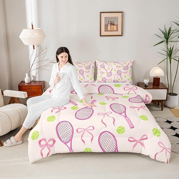 Tennis Kids Queen Comforter Sets,Girls Sport Cute Bowknot Reversible Bedding Set for Boys Teens,Outdoor Sport Ball Game Qu...