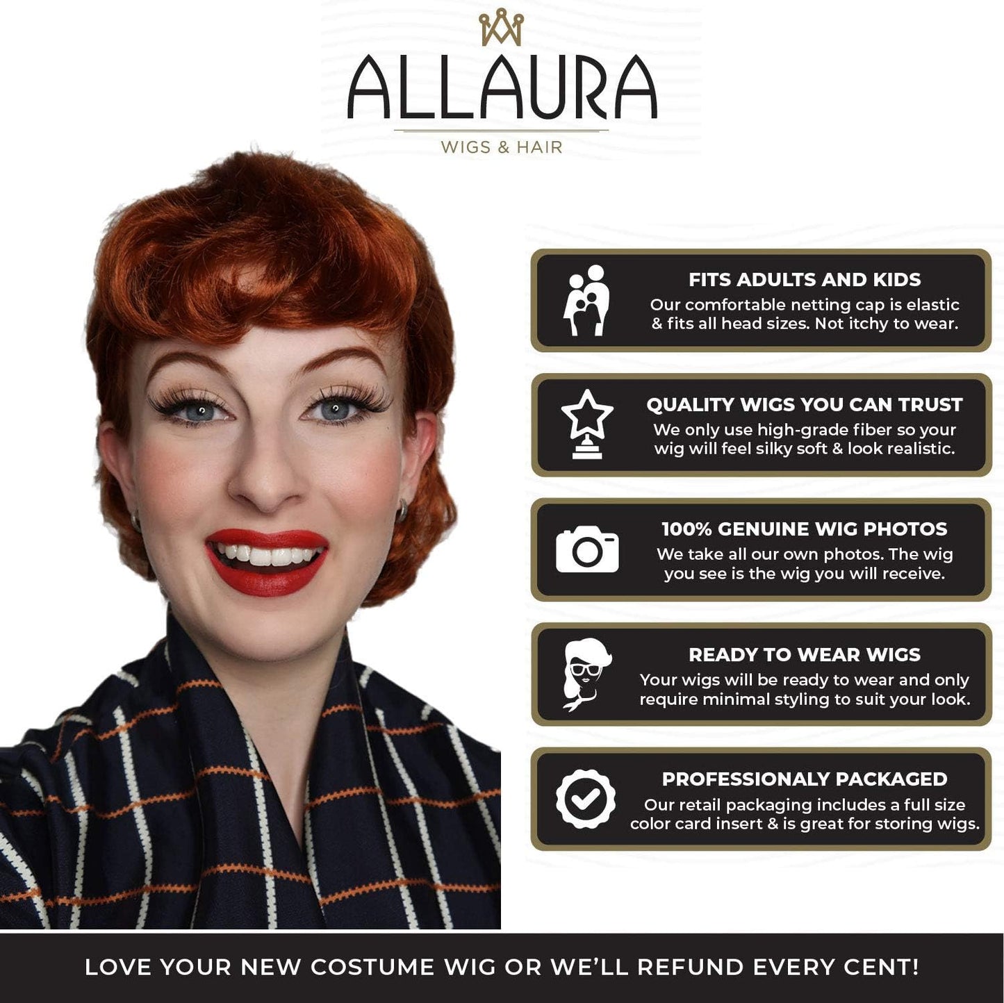 ALLAURA Wigs Lucy Auburn Red Hair Wig 50s Housewife - Synthetic Natural Looking - Lucy Wig 1950s Wig | Compatible with Lucy Wig