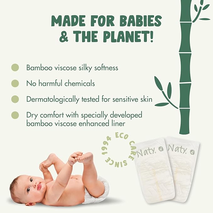 Naty Bamboo Viscose Baby Diapers – Silky Soft, Plant Based, Dermatologically Tested for Sensitive Skin & Super Absorbent (Size 4, 144 Count)