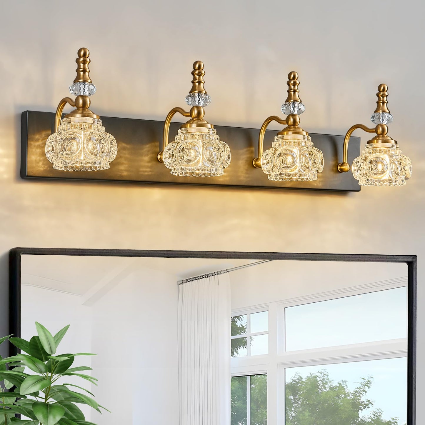 Lbsqj Bathroom Light Fixtures  Modern Glass Crystal Bathroom Vanity Light Vintage Bathroom Lighting Fixtures Over Mirror 4 Light Vanity Lights G9 Bulb (27.55 Inch  Black Gold)