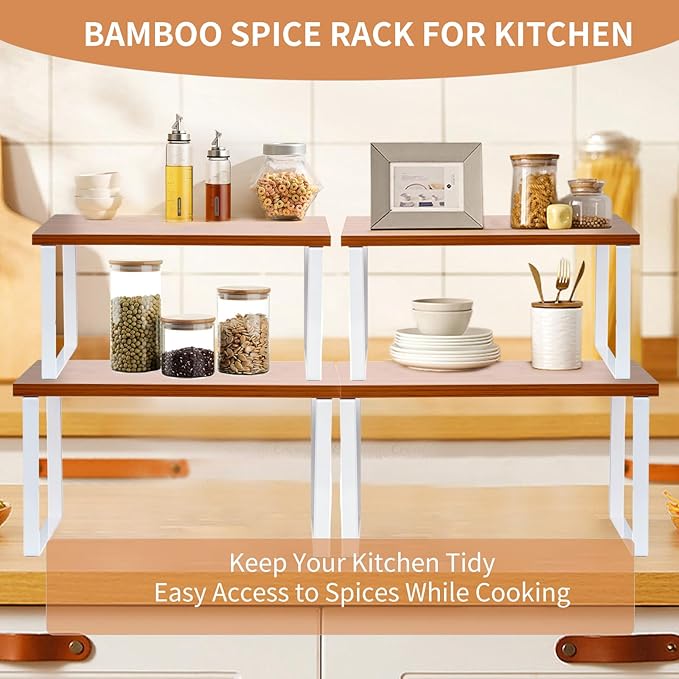 Cabinet Organizer Shelf, Set of 2 Expandable Kitchen Countertop Shelves with Spice Rack - Stackable Storage in Metal and Wood15.7 inches (Bamboo Color)