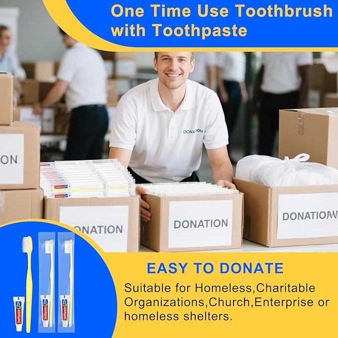 Yellow Disposable Toothbrushes with Toothpaste - Pack of 50,Individually Wrapped Single Use Travel Toothbrushes Kit Bulk for Homeless,Guests,Hotel,Dentist