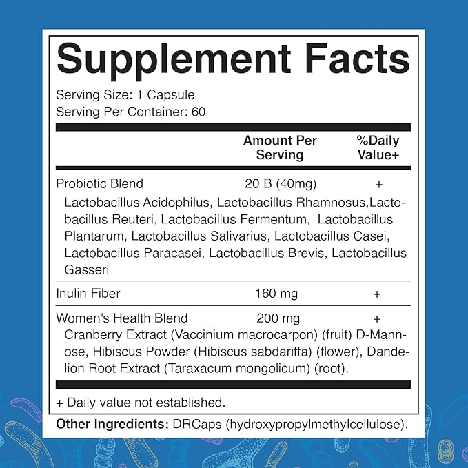 Vitamatic Vaginal Probiotics 20 Billions for Women pH Balance & Odor Control with Prebiotics & Probiotics 60 DR Capsules - Made with Cranberry, D-Mannose, Hibisucs & Dandelion