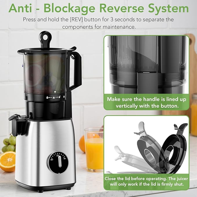 Cold Press Juicer 5.4 Inch Wide Feed Chute, Juicer Machines For Whole Fruits & Vegetables, Slow Masticating Juice Extractor, High Juice Yield Juice Maker