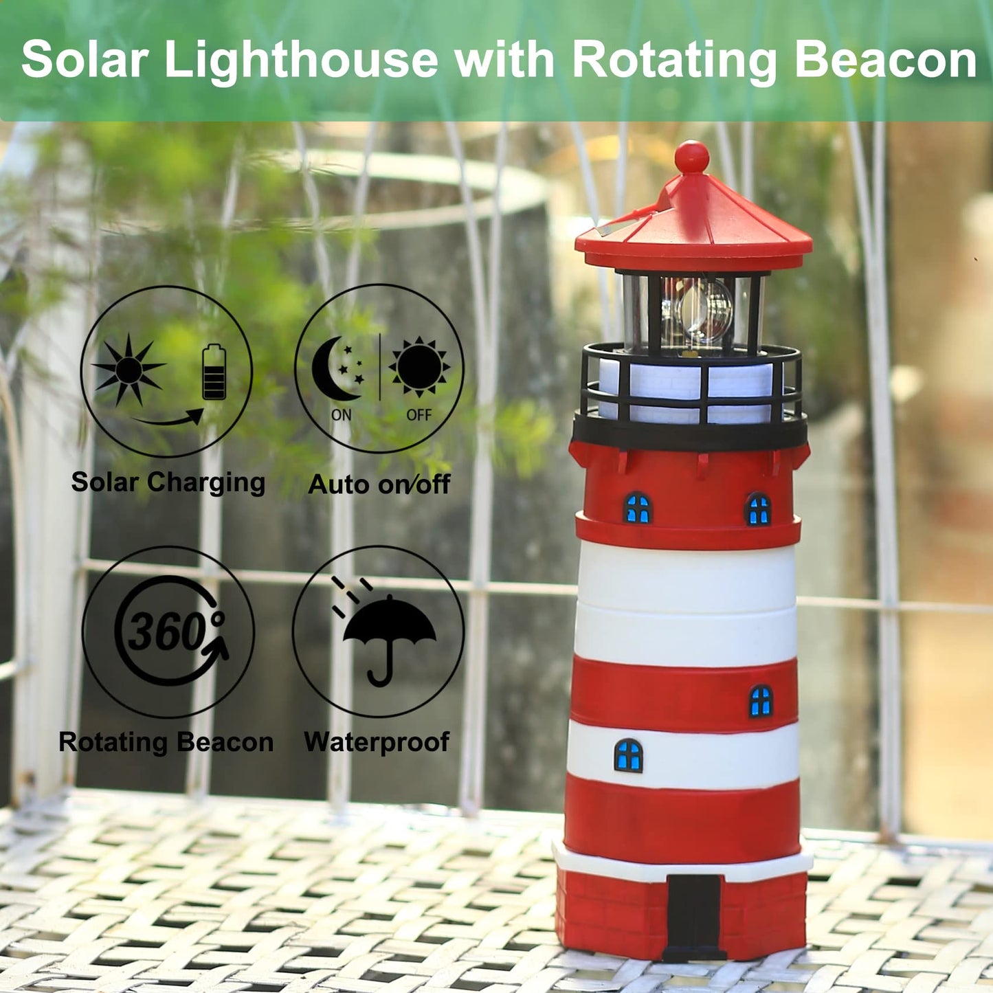 WDLFCGC Solar Lighthouse 12in Tall with Rotating Beacon, 360° Decoration, Model 3130A, Red