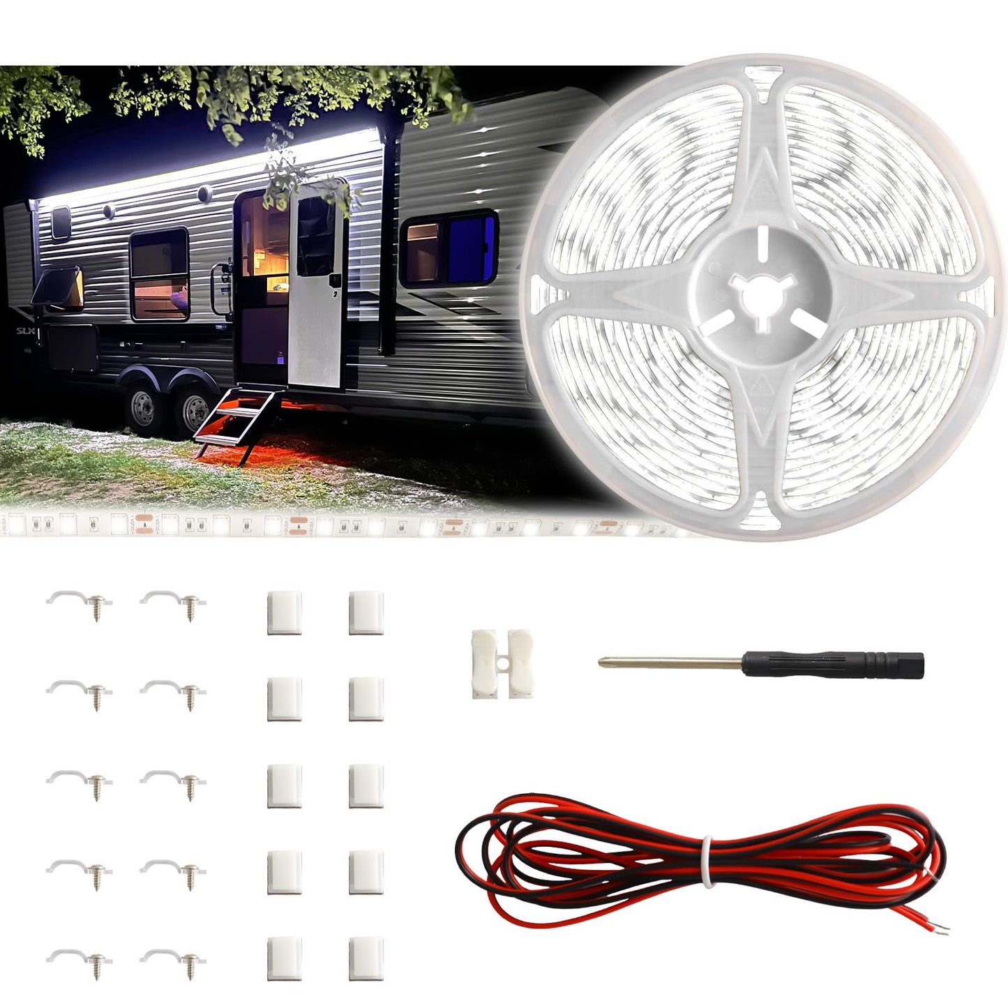 Yiswhis Rv Awning Light 12V 20Ft Camper Awning Lighting Waterproof Led Strip Exterior Underglow Lighting For Rv Motorhome Travel Trailer Food Truck Outdoor Party (White  20Ft)