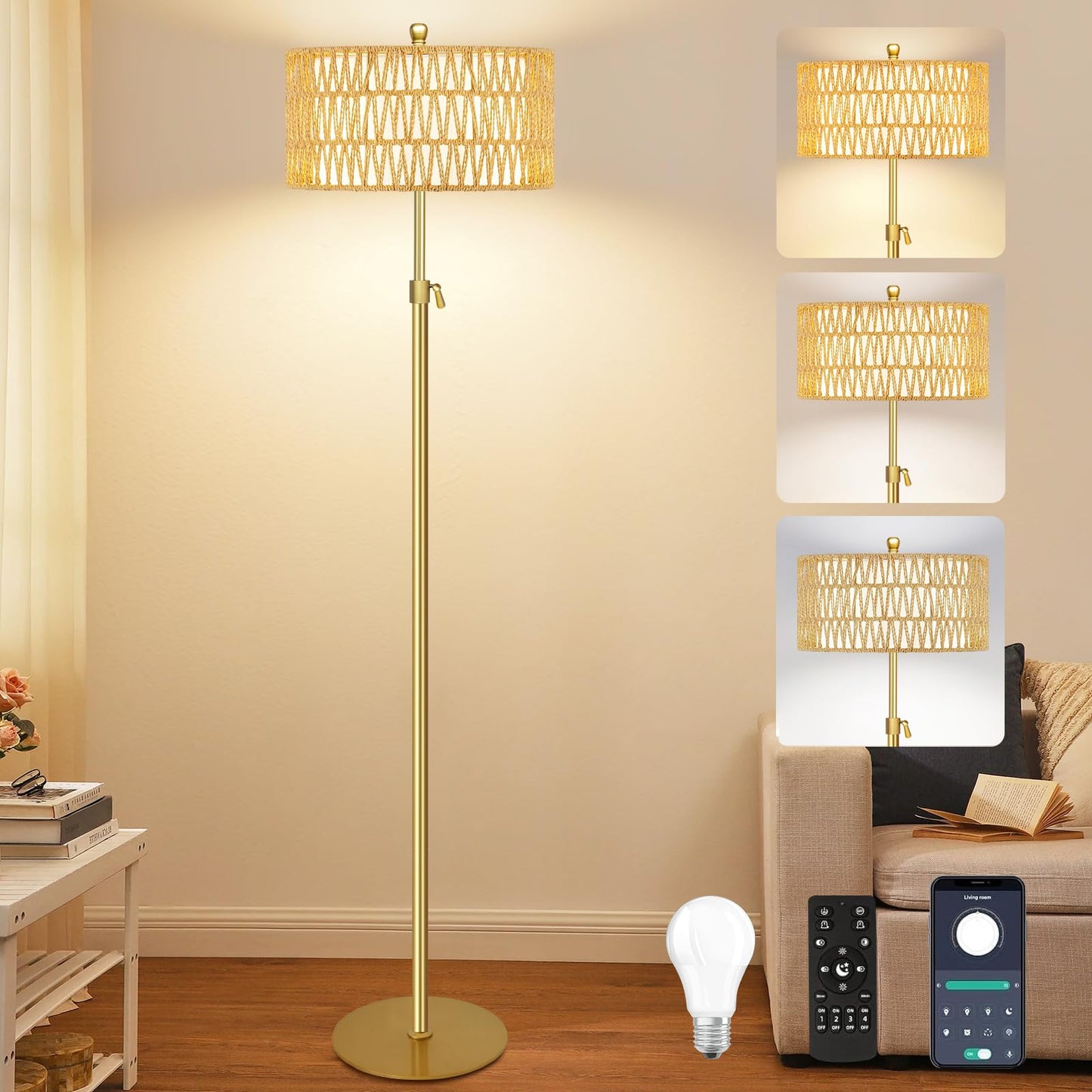 ZECOXOL Rattan Boho Floor Lamp with Remote Control, Dimmable, Brass, 12.5 Inch, Color: Buff, Model: 001