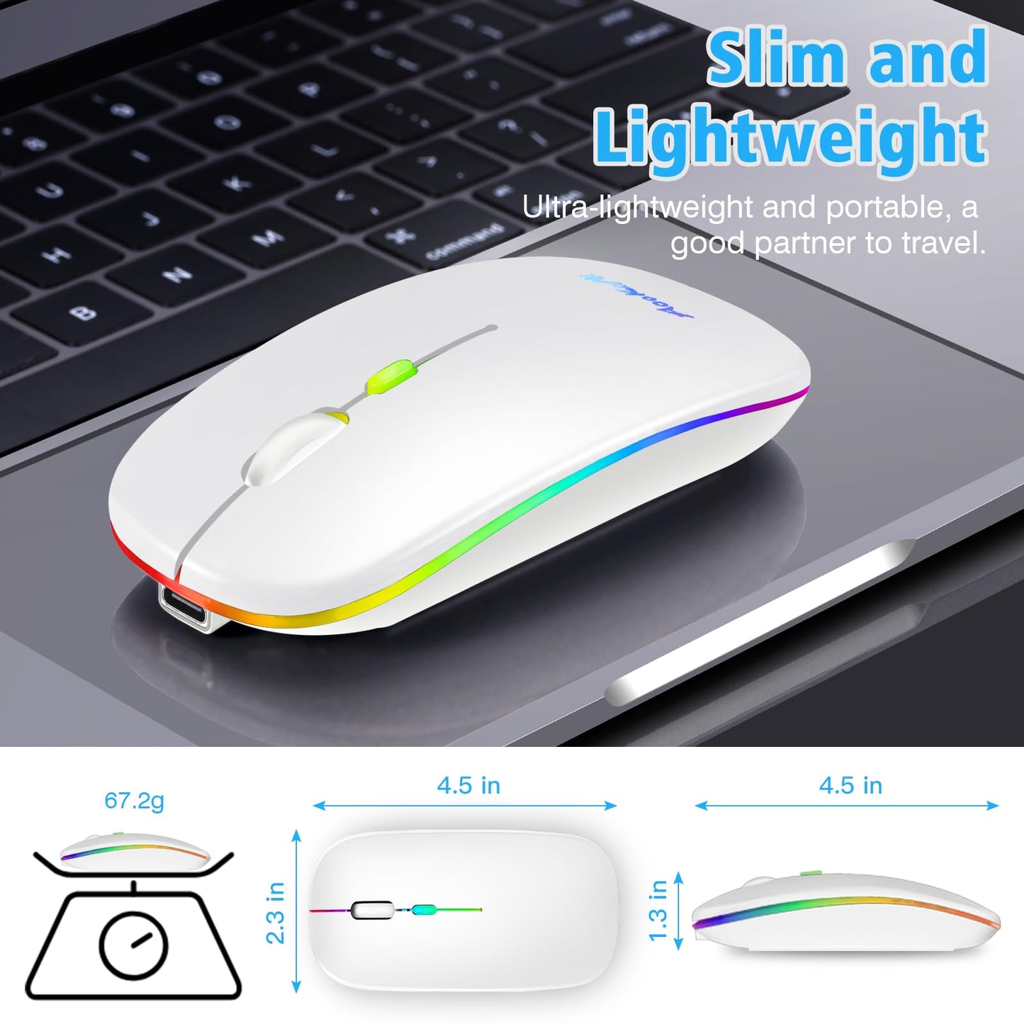 AooKoNi Wireless Bluetooth Mouse, Rechargeable USB Optical Mouse, LED Slim Dual Mode(Bluetooth 5.2 and 2.4G) Wireless Mouse for Laptop, PC, Mac OS, Android, Windows (Type C Charging Port, White)