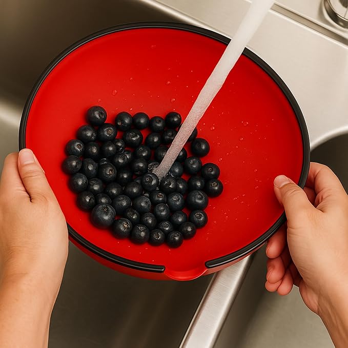 Ultimate Grease Drainer & Food Strainer (Red) Premium Heat-Resistant Silicone Colander for Bacon, Ground Beef, Pasta & Veggies; Fits Pans, Cans & Jars; Dishwasher Safe